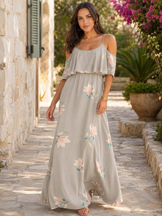 Show Me Your MuMu Dresses & Skirts - Show Me Your Mumu Caitlin Gray Floral Ruffle Cold Shoulder Maxi Dress S NWT